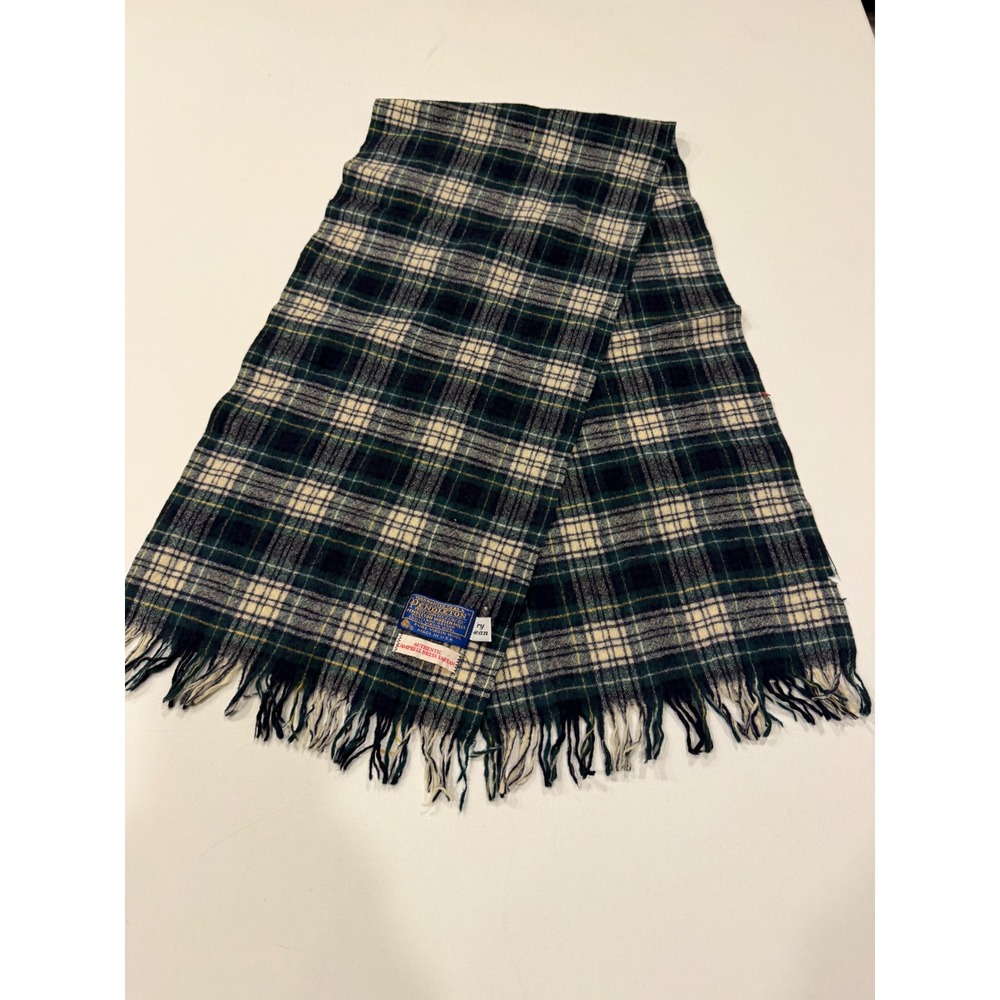 Pendleton Wool Scarf Campbell Dress Tartan Plaid Green Navy Made in USA Fringe